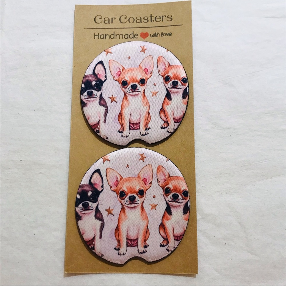 Handmade Chihuahua Trio Neoprene Car Coasters Set for Dog Lovers